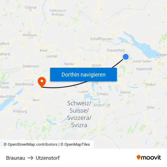Braunau to Utzenstorf map