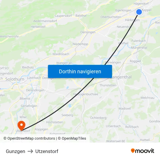 Gunzgen to Utzenstorf map