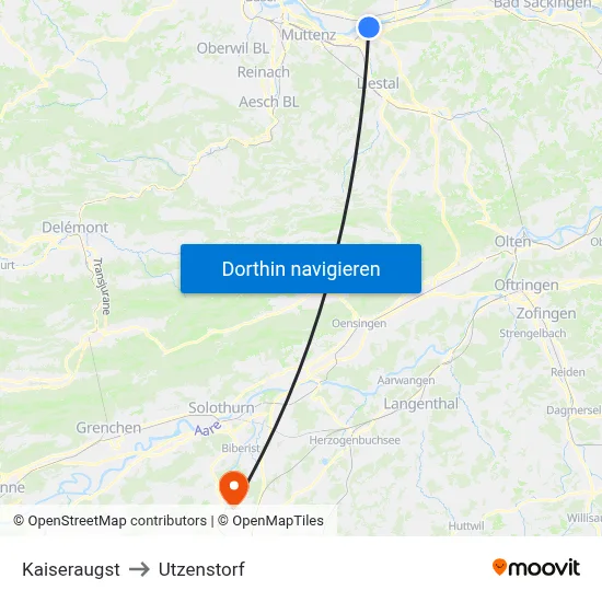 Kaiseraugst to Utzenstorf map