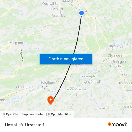 Liestal to Utzenstorf map