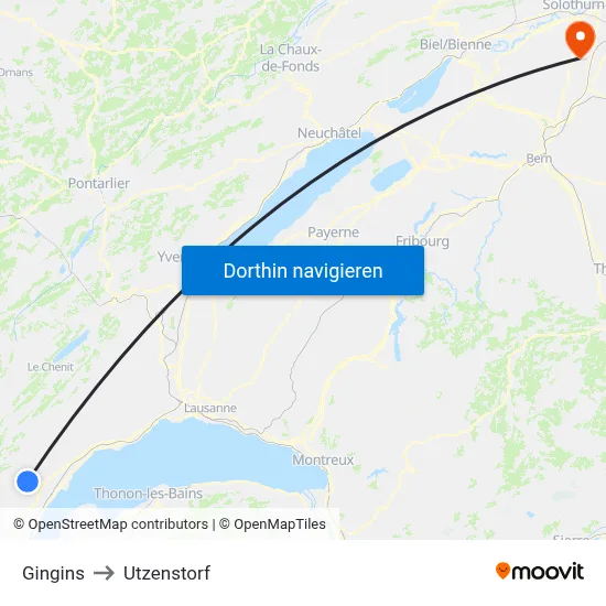 Gingins to Utzenstorf map