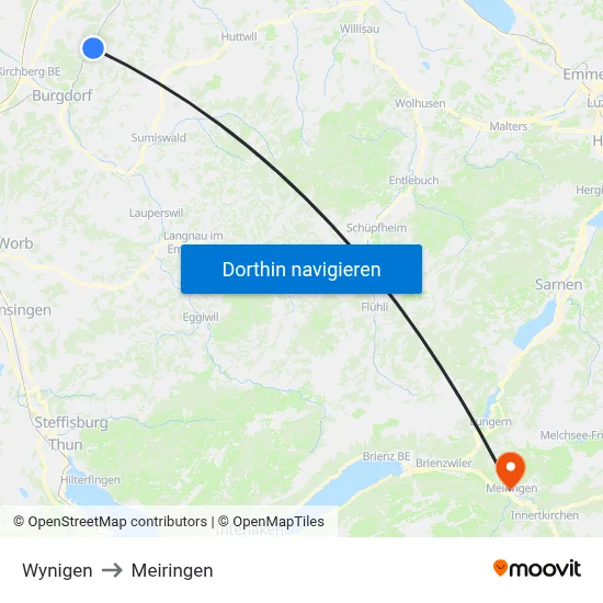 Wynigen to Meiringen map