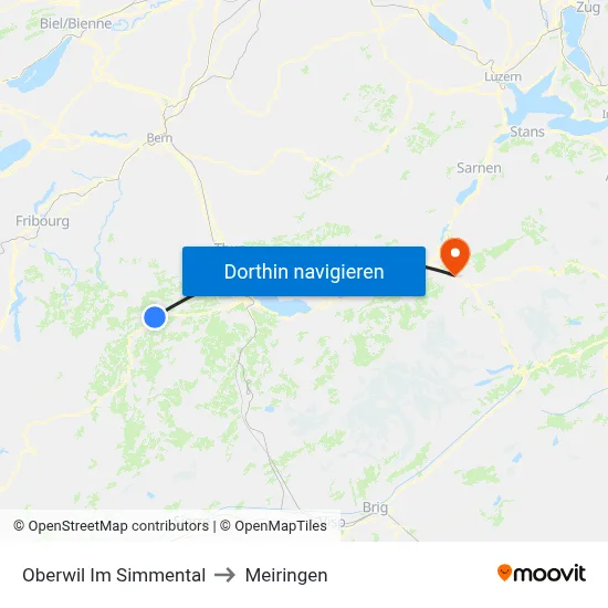Oberwil Im Simmental to Meiringen map