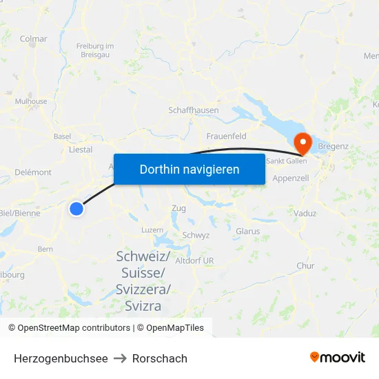 Herzogenbuchsee to Rorschach map