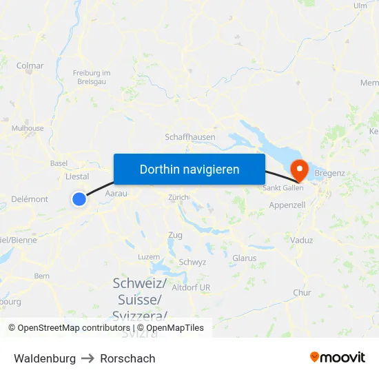 Waldenburg to Rorschach map