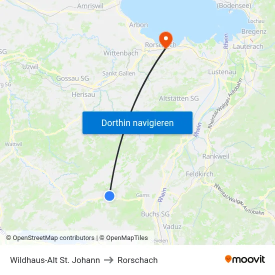 Wildhaus-Alt St. Johann to Rorschach map