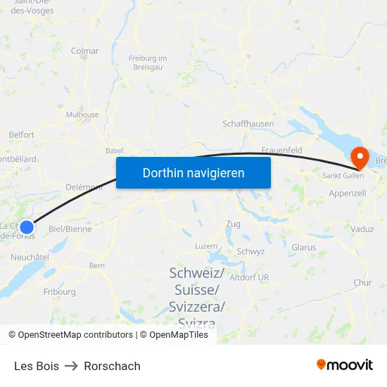 Les Bois to Rorschach map