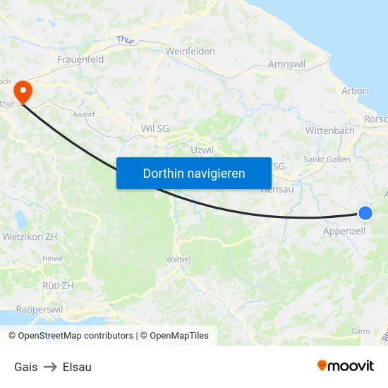 Gais to Elsau map