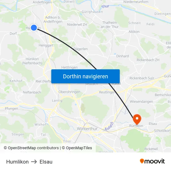 Humlikon to Elsau map