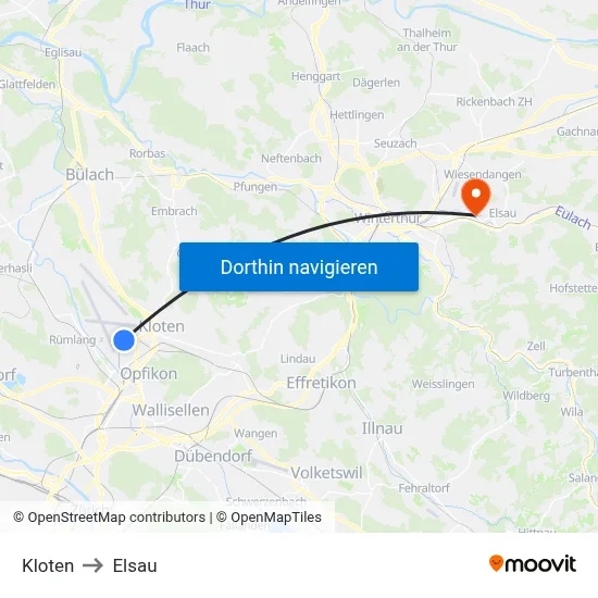 Kloten to Elsau map
