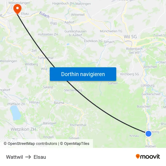 Wattwil to Elsau map