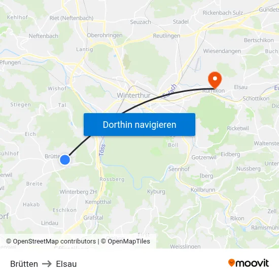 Brütten to Elsau map