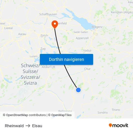 Rheinwald to Elsau map
