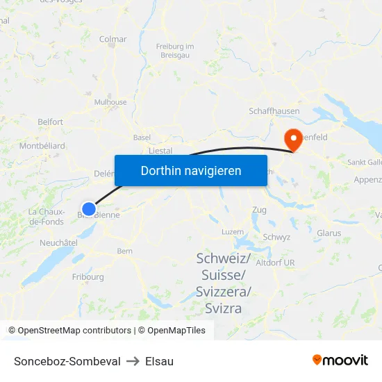 Sonceboz-Sombeval to Elsau map