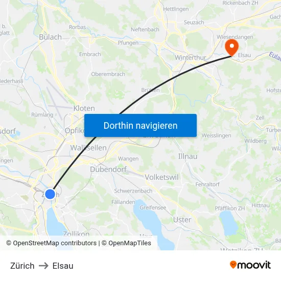Zürich to Elsau map