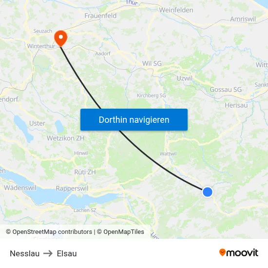 Nesslau to Elsau map