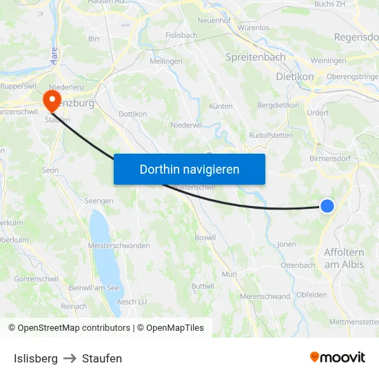 Islisberg to Staufen map