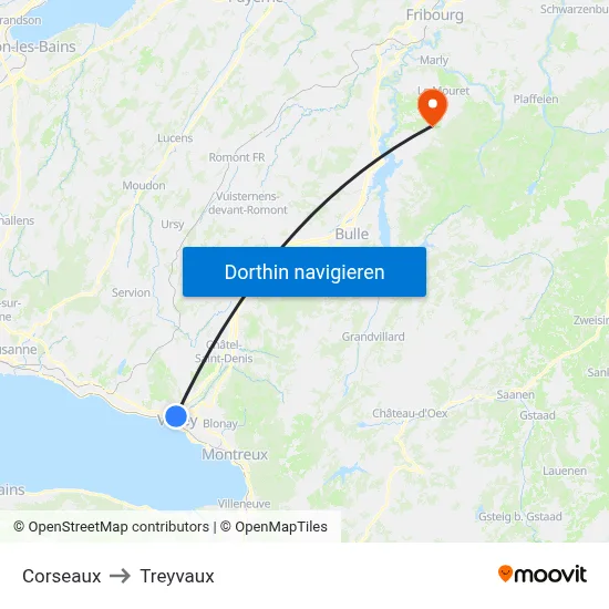 Corseaux to Treyvaux map