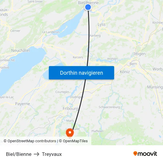 Biel/Bienne to Treyvaux map