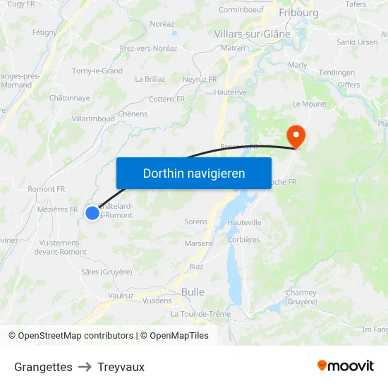 Grangettes to Treyvaux map