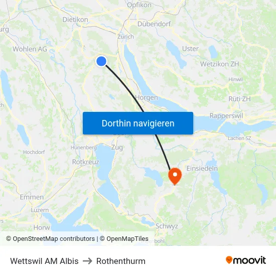 Wettswil AM Albis to Rothenthurm map
