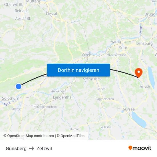 Günsberg to Zetzwil map