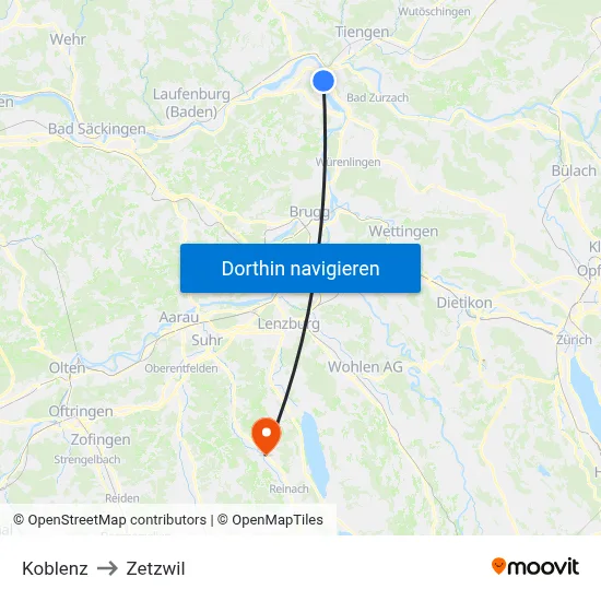 Koblenz to Zetzwil map