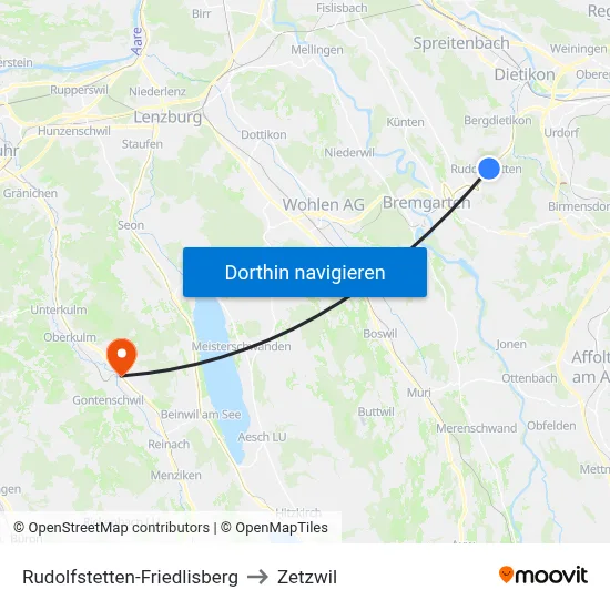 Rudolfstetten-Friedlisberg to Zetzwil map