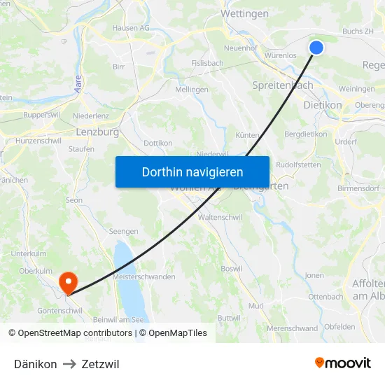 Dänikon to Zetzwil map