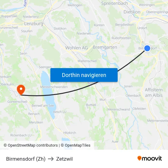 Birmensdorf (Zh) to Zetzwil map