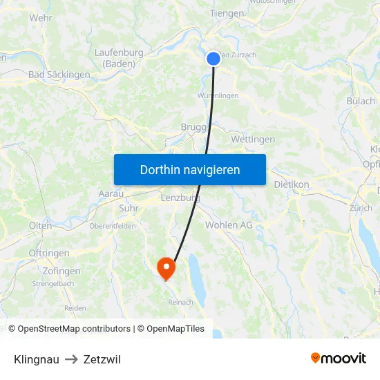 Klingnau to Zetzwil map