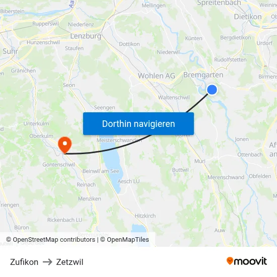 Zufikon to Zetzwil map
