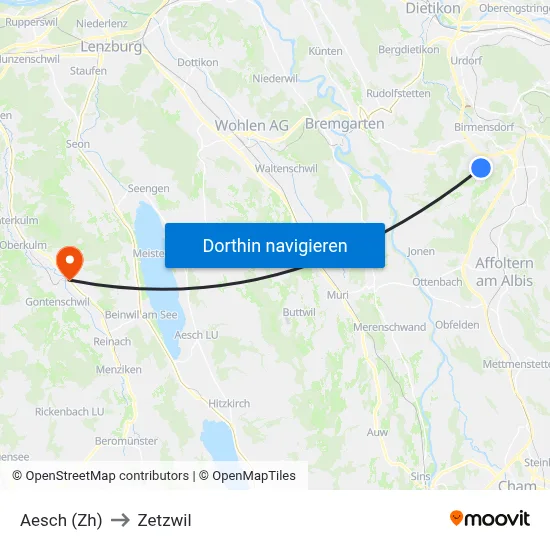 Aesch (Zh) to Zetzwil map