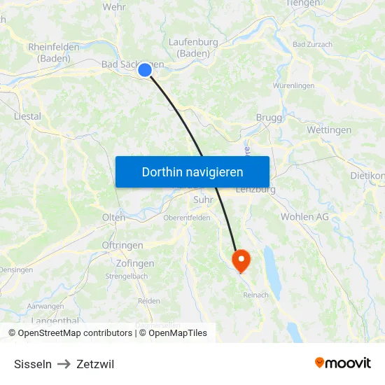 Sisseln to Zetzwil map