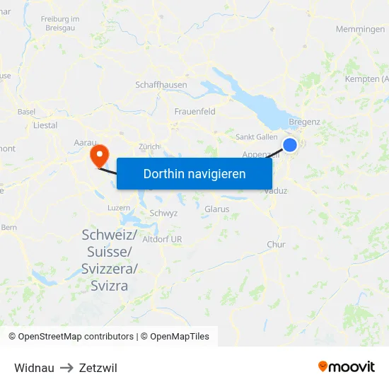 Widnau to Zetzwil map