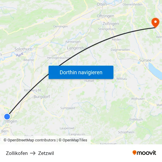 Zollikofen to Zetzwil map