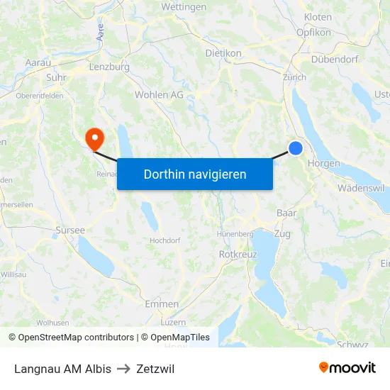 Langnau AM Albis to Zetzwil map