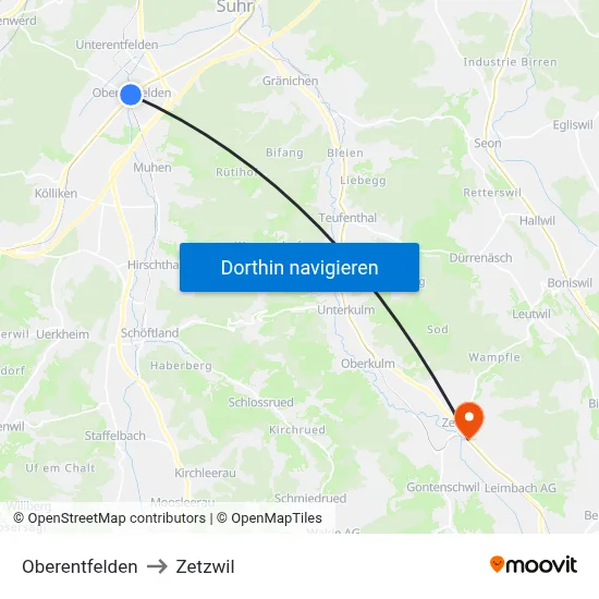 Oberentfelden to Zetzwil map