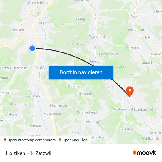 Holziken to Zetzwil map