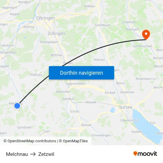 Melchnau to Zetzwil map