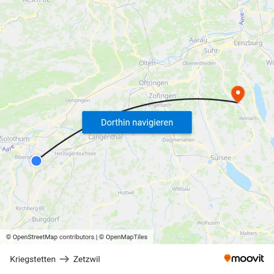 Kriegstetten to Zetzwil map