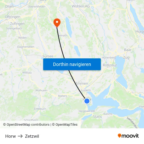 Horw to Zetzwil map