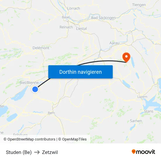 Studen (Be) to Zetzwil map