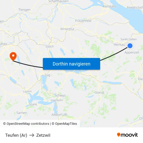Teufen (Ar) to Zetzwil map