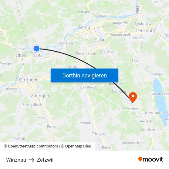 Winznau to Zetzwil map