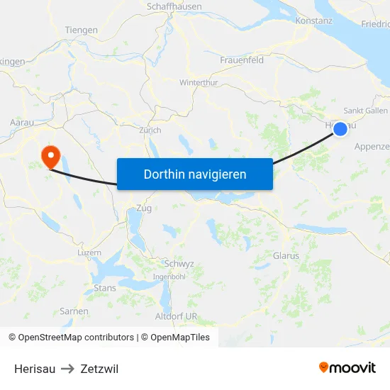 Herisau to Zetzwil map