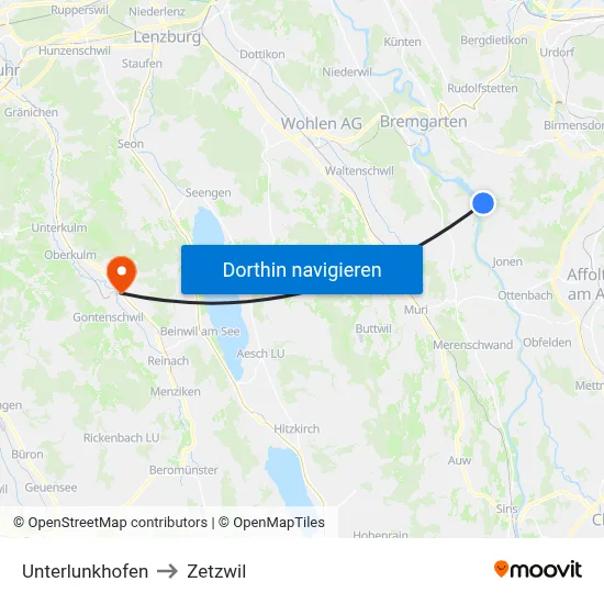 Unterlunkhofen to Zetzwil map