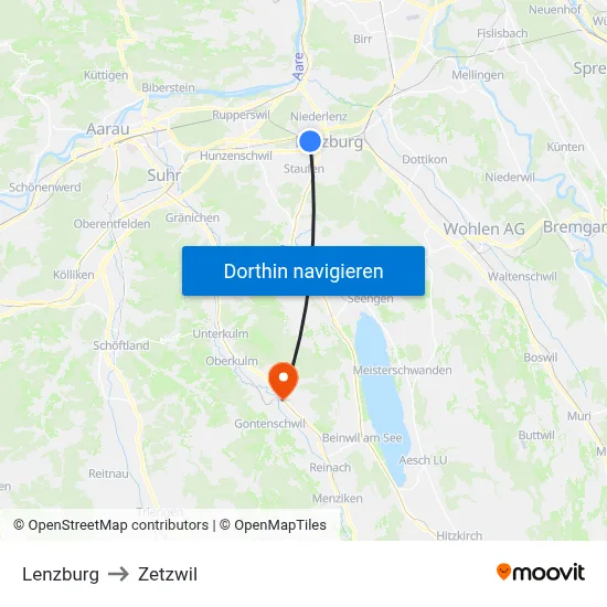 Lenzburg to Zetzwil map