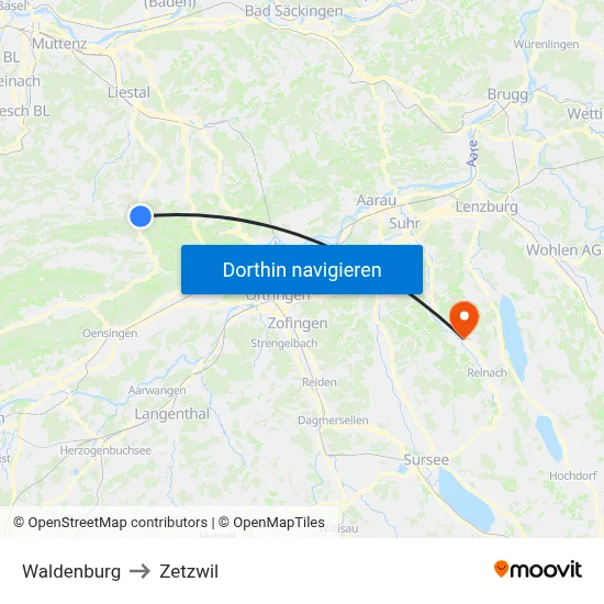Waldenburg to Zetzwil map