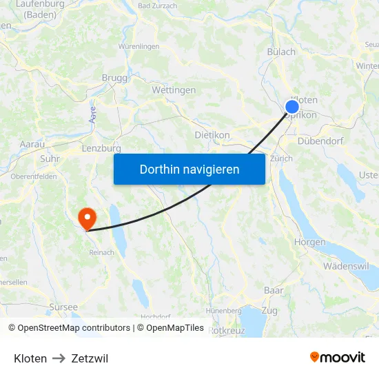 Kloten to Zetzwil map